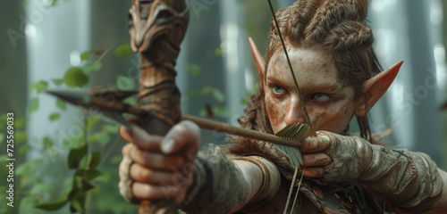 A elf woman is holding a bow and arrow in a dynamic scene from the movie The Hunts.