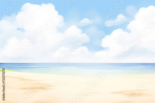 A stunning kea-blue sky filled with wispy clouds over a peaceful, sandy beach , cartoon drawing, water color style