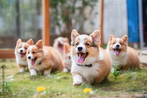 quintet of corgi pups, cheerful lineup of young Welsh Corgis playfully posing on a lush lawn with a cozy cabin backdrop, lot of puppies together, puppy day.