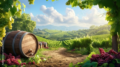 Landscape with wine casks amid the vineyards. Generative Ai.