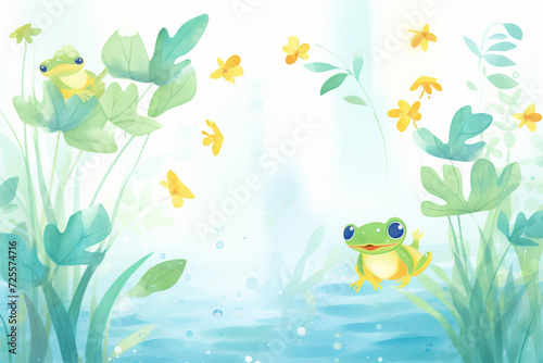 Whimsical illustrations of amphibians in their natural habitats , cartoon drawing, water color style