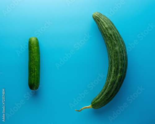 Two cucumbers on blue background. Minimal concept.