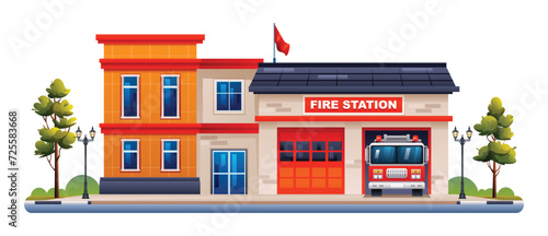 Fire station building with fire truck. Fire department office vector illustration isolated on white background