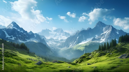 Panoramic view of alpine meadow and mountains under blue sky