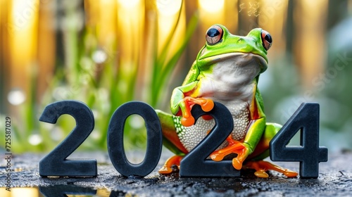 Leap day, one extra day, Leap year 29 February 2024 background. Green Frog and year 2024 text on green background.