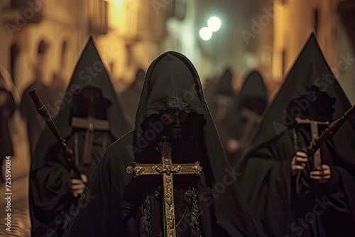 nazarenes with black hoods in a procession during holy week