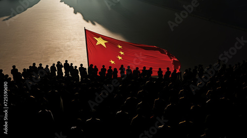 Taiwan and China conflict concept illustration. A group of military men with a Chinese flag. Place for text.