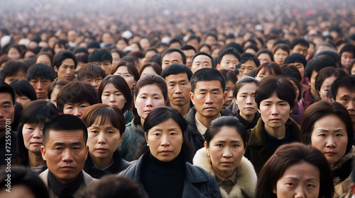 Concept illustration of overpopulation in China. A huge crowd of Asian men and women against the backdrop of an industrial city. Place for text.