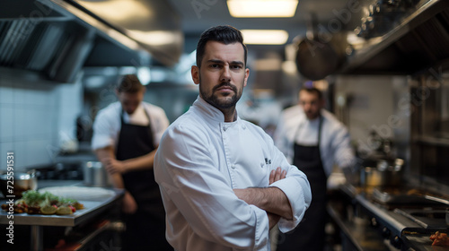 Chefe de cozinha e sua equipe desfocada ao fundo