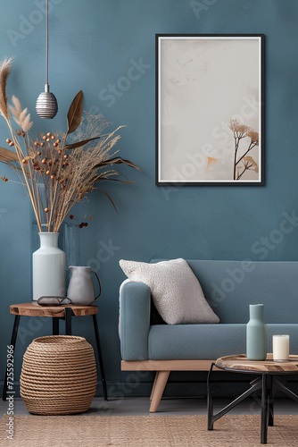 Minimalist composition of living room interior with blue background, black poster frame mock up, furniture, decoration and personal accessories. Template. 