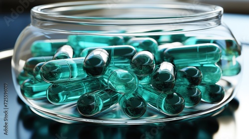 Closeup photo of glass jar filled with green pills. Daily supplements in a glass jar. Painkillers.
