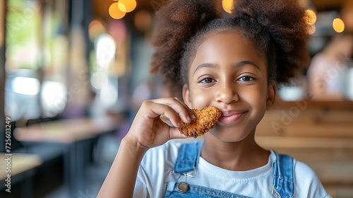 Happy preteen enjoying chicken nuggets in restaurant with blurred background and copy space