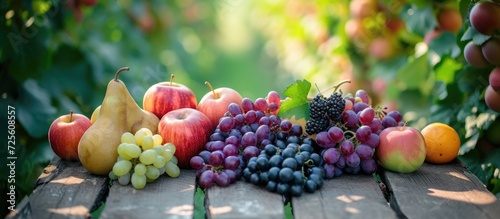 Bio fruits, including apples, pears, grapes, and blackberries, ripen on a wooden table in an orchard, against a garden backdrop.