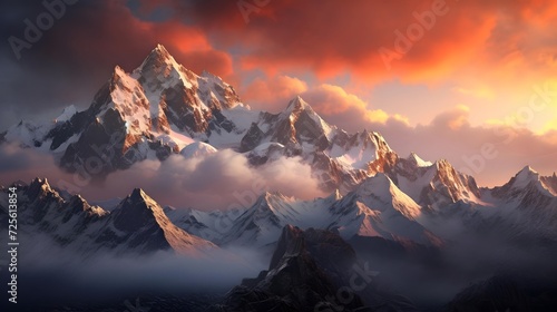 Beautiful panoramic view of the Himalaya mountains at sunset