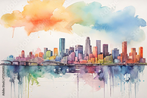 Watercolor cityscape. Explore the charm of a big city skyline captured in vibrant watercolors. Perfect for adding a touch of artistic elegance to your projects. 