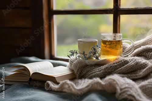 Reading nook with a cup of calming herbal tea and a favorite book - offering an ideal - peaceful space for relaxation and literary enjoyment.