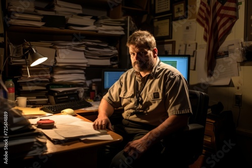 A portrait of a committed parole officer surrounded by his work in a small, dimly lit office