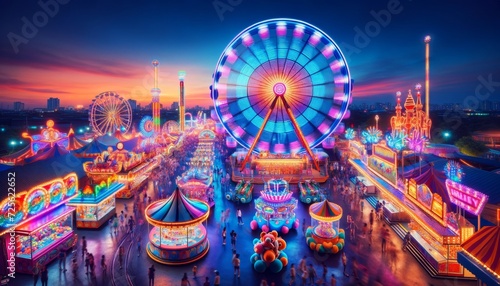 A panoramic view of a carnival scene at twilight