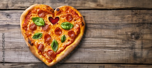 Heart shaped pizza for romantic dinner, top view with copy space for text placement