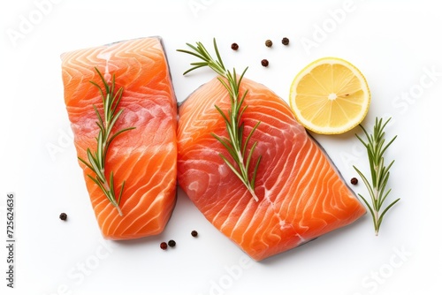 Fresh fillet of salmon, trout, red fish with slice of lemon, rosemary, black pepper on white background. Healthy food, source of omega 3, object for design and advertising