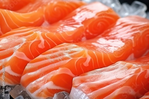 Fresh pieces of red fish fillet, salmon, trout lie on pieces of ice on store counter or market, top view. Sea fish, healthy food, source of omega 3. Fish for cooking
