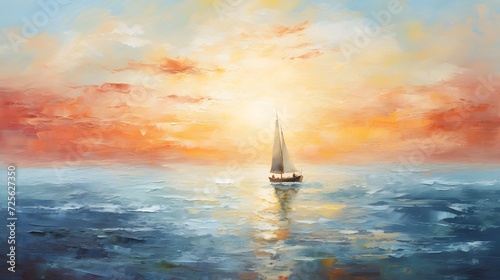 Impressionist seascape painting with boat and sun rays on canvas texture. Colorful abstract modern art for background.