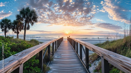 Panoramic view of the footbridge on the beach at sunrise