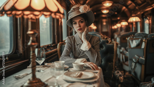 An elegant woman in the Orient Express train restaurant