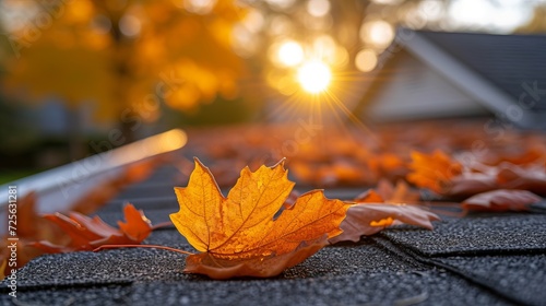Autumn maintenance clearing roof gutters from fallen leaves before winter arrives