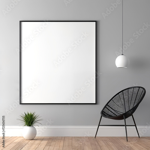 mockup cuadro en blanco en una pared de un museo junto a una silla de mimbre una maceta con una planta una lámpara colgante y un suelo de madera