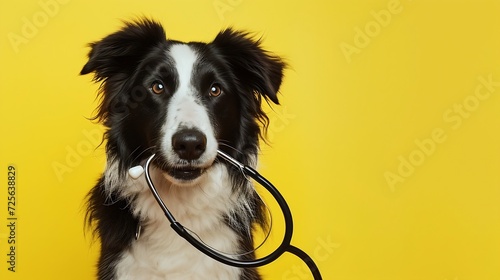 Generative AI : Puppy dog border collie holding stethoscope in mouth isolated on yellow background. Purebred pet dog on reception at veterinary doctor in vet clinic. Pet health care and animals concep