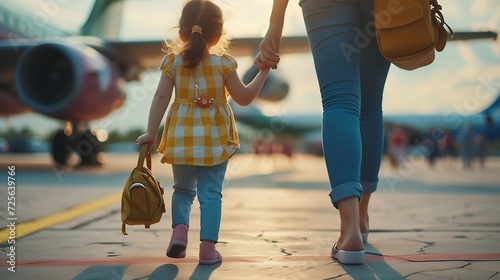 Generative AI : little girl and mother holding hands walk towards the plane will go on vacation