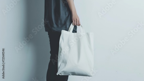 Generative AI : Urban mockup of tote bag. Girl holding white cotton tote bag on a white wall background. Template can be used for you design