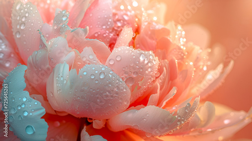 Big peach fuzz peony with raindrops shimmer. Pastel petals with dewy radiance. Soft floral background in peach colors with morning dew glow, ethereal peony flower close up