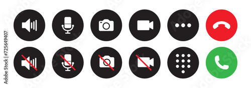 Video call icon set with microphone, video, camera, hang, pick, end call, speaker, microphone on, microphone off and dialer symbol - Vector Icon