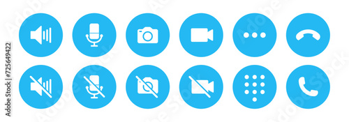 Video call icon set with microphone, video, camera, hang, pick, end, call, speaker, microphone on, microphone off and dialer in sky blue color - Vector Icon