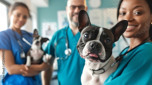Generative AI : Adorable cute dog sitting at vet hospital with doctors looking at camera. Cheerful vet and african nurse holding boston terrier in clinic. Portrait of happy veteranian man and woman wi