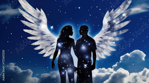 Double exposure silhouette of angels couple in love and starry sky on universe galaxy background. Mental health, spiritual, mindfulness, love and relationship concept