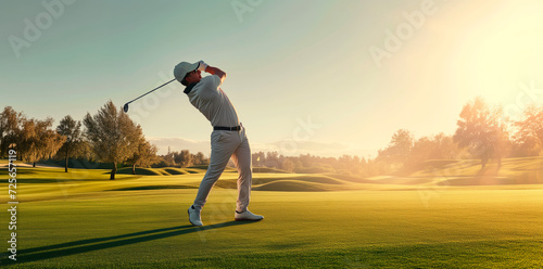 Golfer in Action on Sunny Course. Golfer in mid-swing on a lush golf course at sunset.