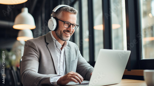 Smiling businessman in headphones using laptop and listening to music in cafe