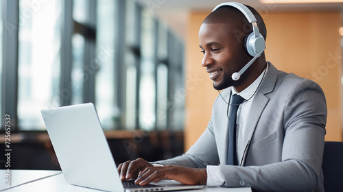 Smiling african american businessman in headset using laptop in office
