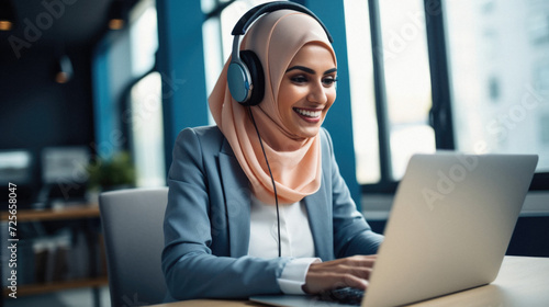 Portrait of smiling muslim businesswoman in headphones using laptop in office