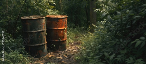 Wooded area contains three aged plastic barrels.