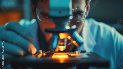 Close-up of a mechanical engineer examining the microstructure of a metal alloy under a microscope