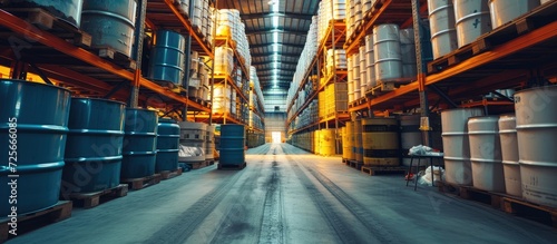 Storing oil barrels and chemical drums in a warehouse.