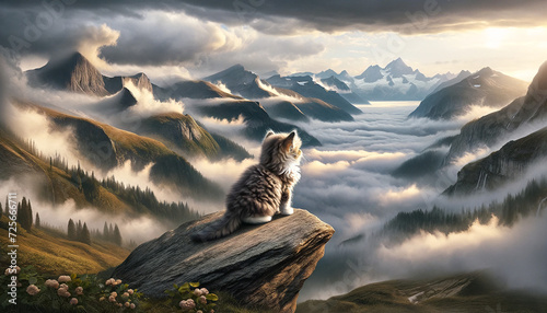 Cat standing on top of a mountain and looking towards a foggy mountain landscape inspired by Caspar David Friedrich's Wanderer above the Sea of Fog