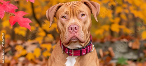 Animal pet banner - Sad brown pitt bull terrier dog in the nature with autumnal leaves in autumn