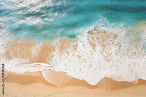 The image shows a large turquoise wave crashing onto a sandy beach