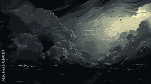 Moody vector scene with stormy clouds and turbulent seas reflecting the tumultuous nature of emotions conveying inner turmoil through dark and expressive elements. simple minimalist illustration