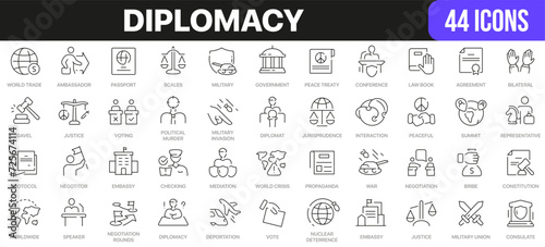 Diplomacy line icons collection. UI icon set in a flat design. Excellent signed icon collection. Thin outline icons pack. Vector illustration EPS10